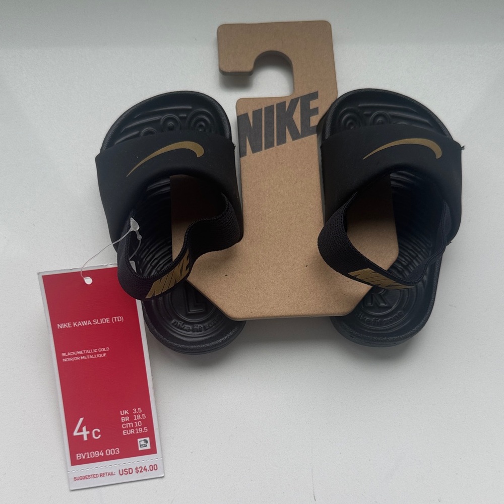 NWT baby Nike Black Slides with Gold Swoosh